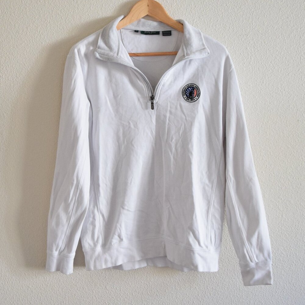 BOBBY JONES Mens Quarter Zip Pullover Sweater In White & Grey Size Medium